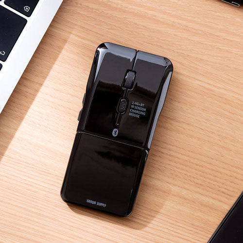 サンワサプライ 薄型マウス Bluetooth & 2.4GHz マウス 5ボタン 小型 折りたたみ式 USB-C充電式 無線 ワイヤレス マルチペアリング コンパクト 戻る 進む ボタン ブラック